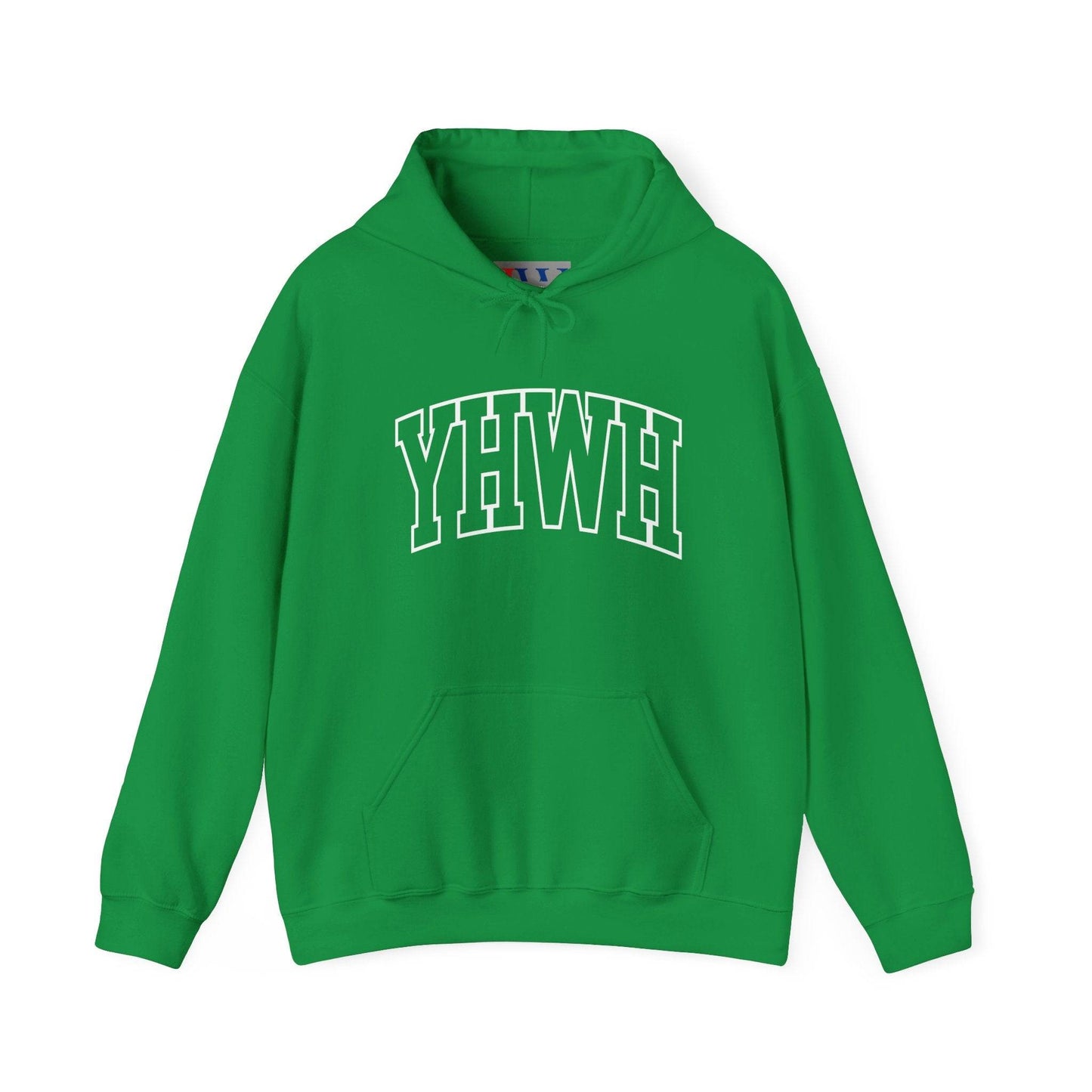 Green YHWH hoodie with front pocket and hood