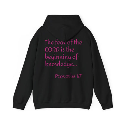 Back of black hoodie with Proverbs 1:7 quote