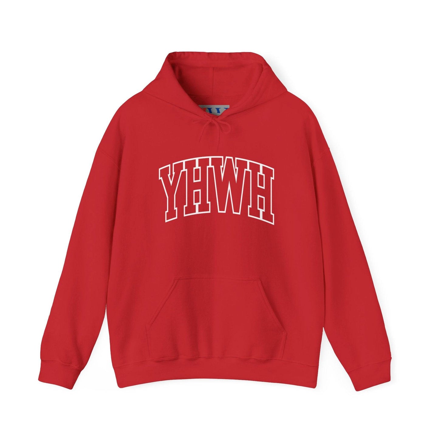 Red YHWH hoodie with front pocket and hood