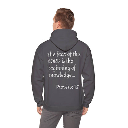 Back of gray hoodie with Proverbs 1:7 quote