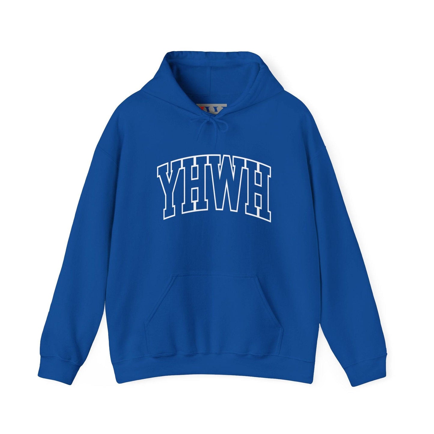 Blue YHWH hoodie with front pocket and hood