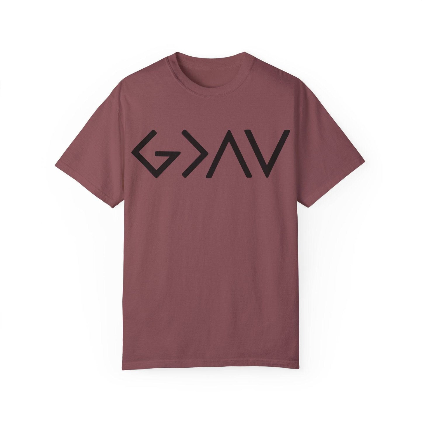 Mauve God Is Greater T-Shirt featuring bold black design