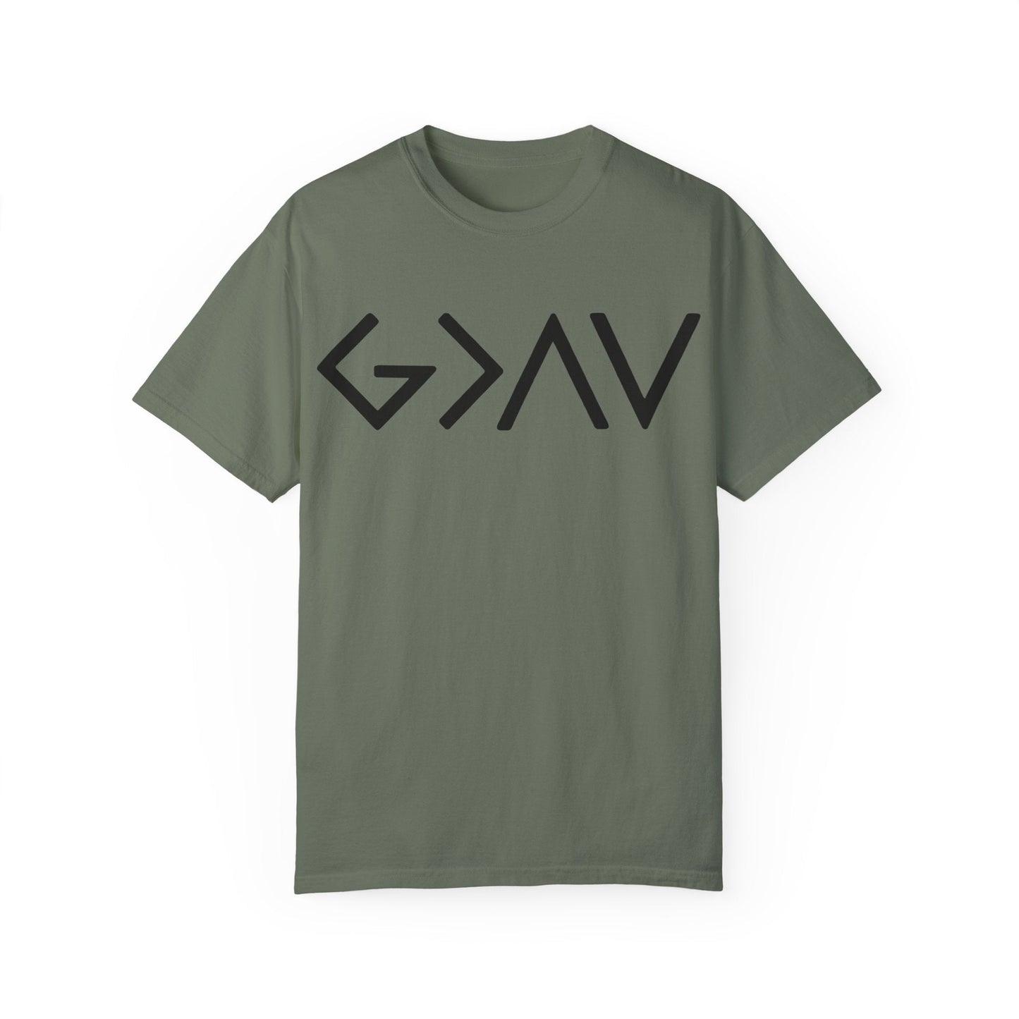 Olive God Is Greater T-Shirt featuring bold black design