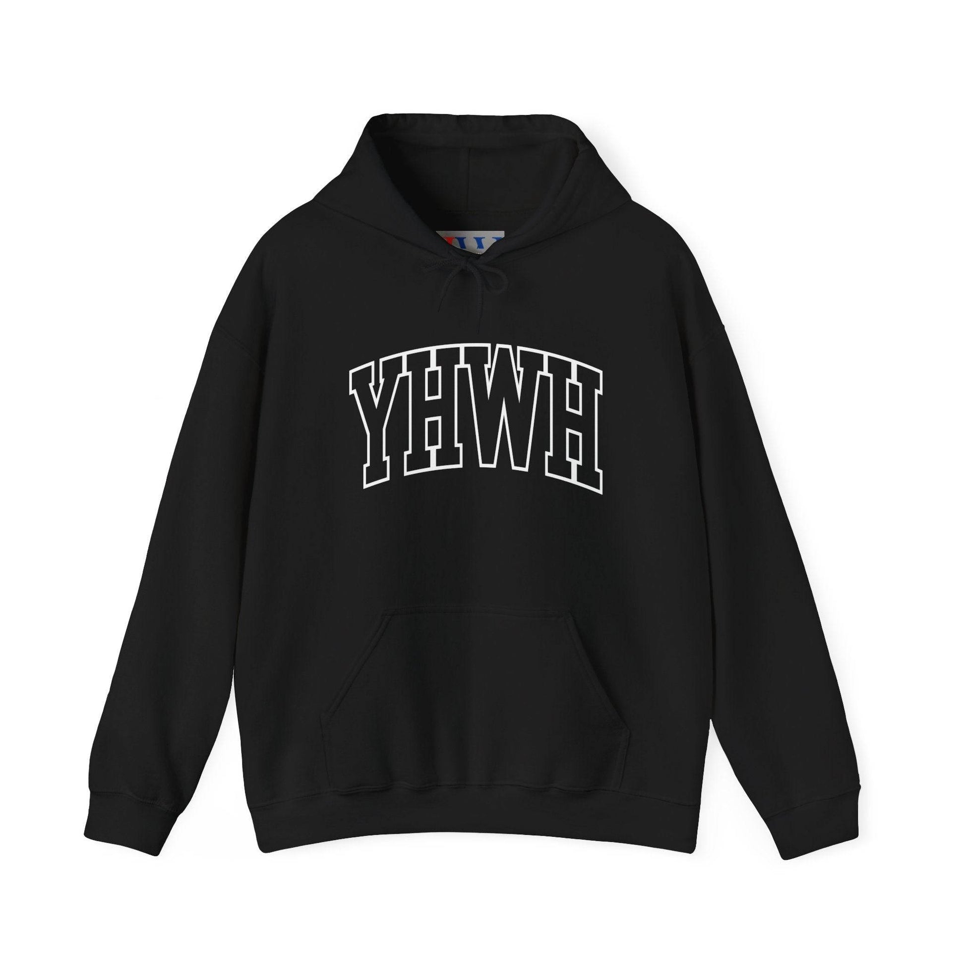 Black YHWH hoodie with front pocket and hood