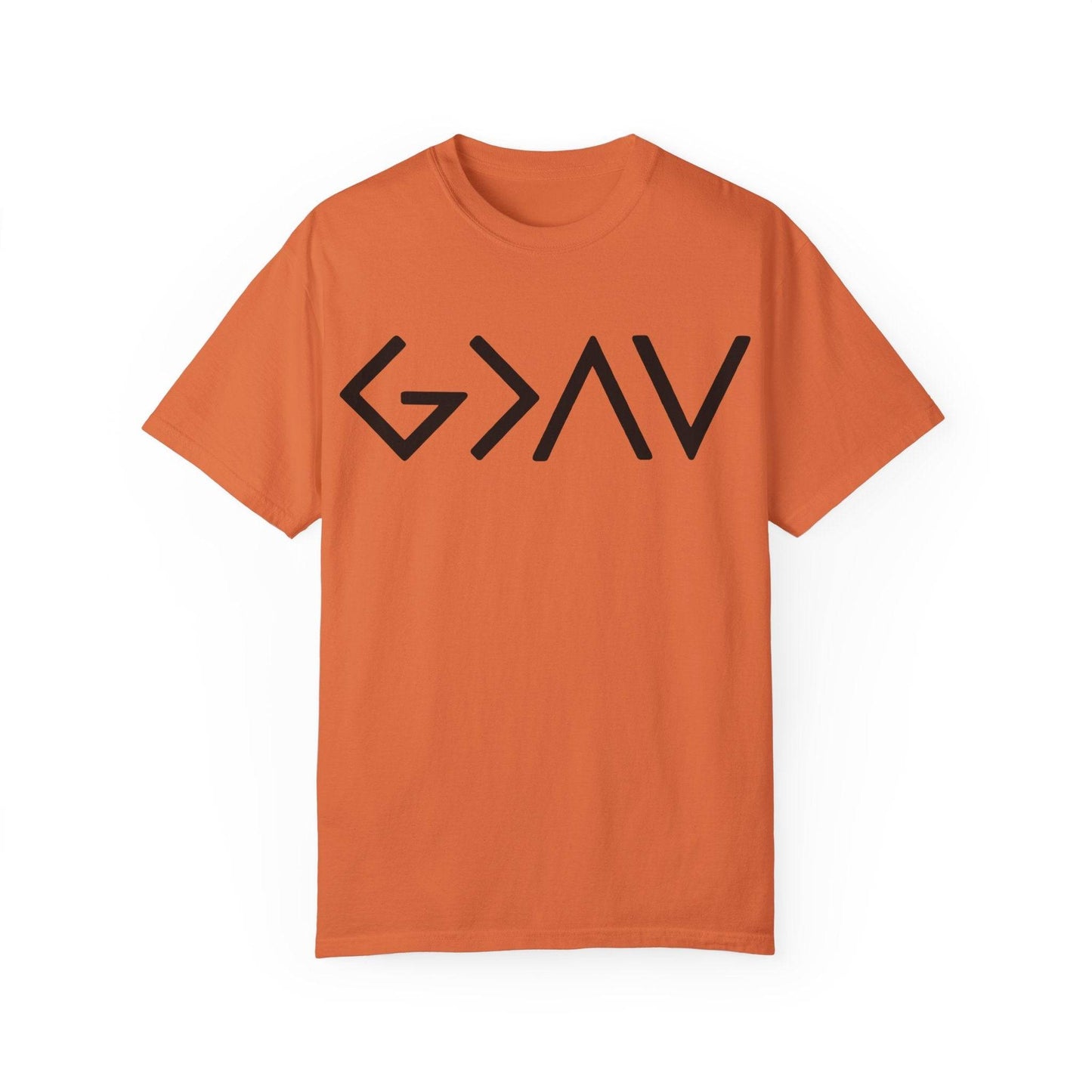 Orange God Is Greater T-Shirt with bold black design