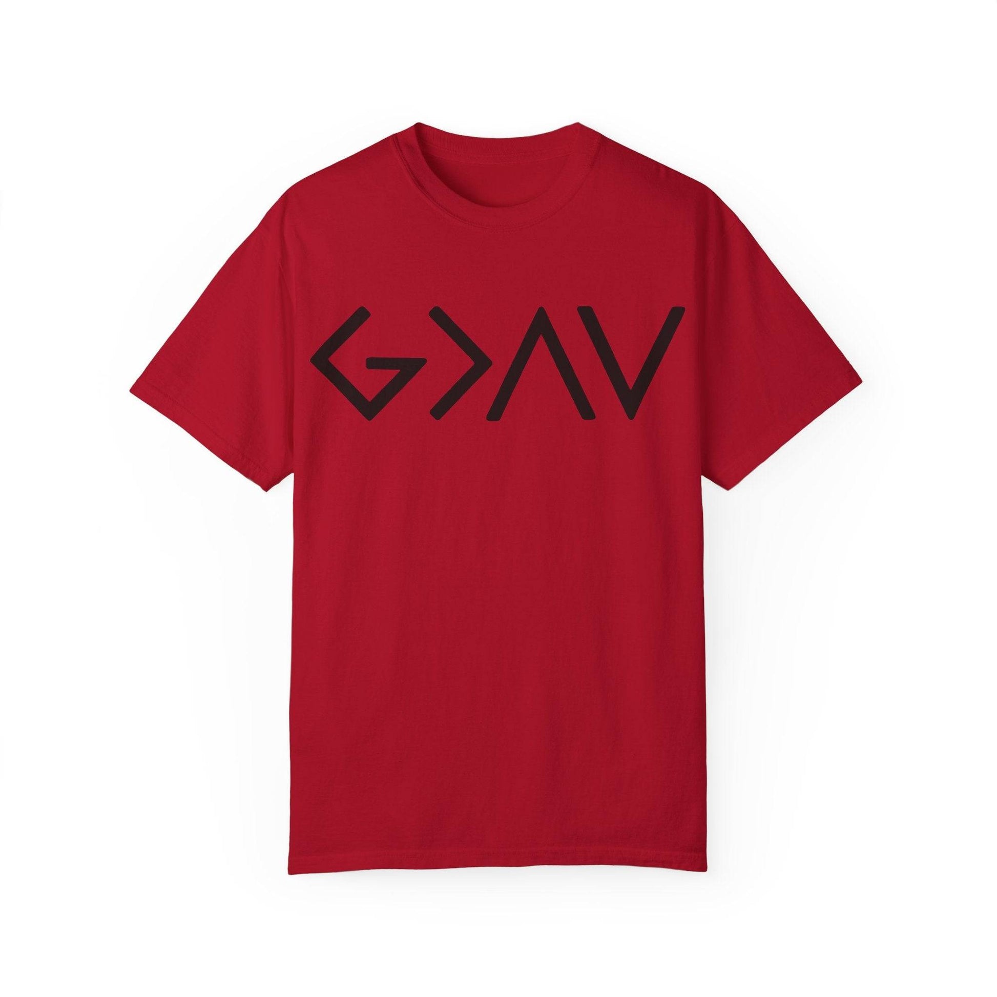 Red God Is Greater T-Shirt with bold black design