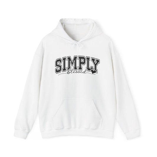 White Simply Blessed Hoodie with front pocket and hood.