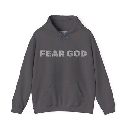 Gray hoodie with 'Fear God' text on front