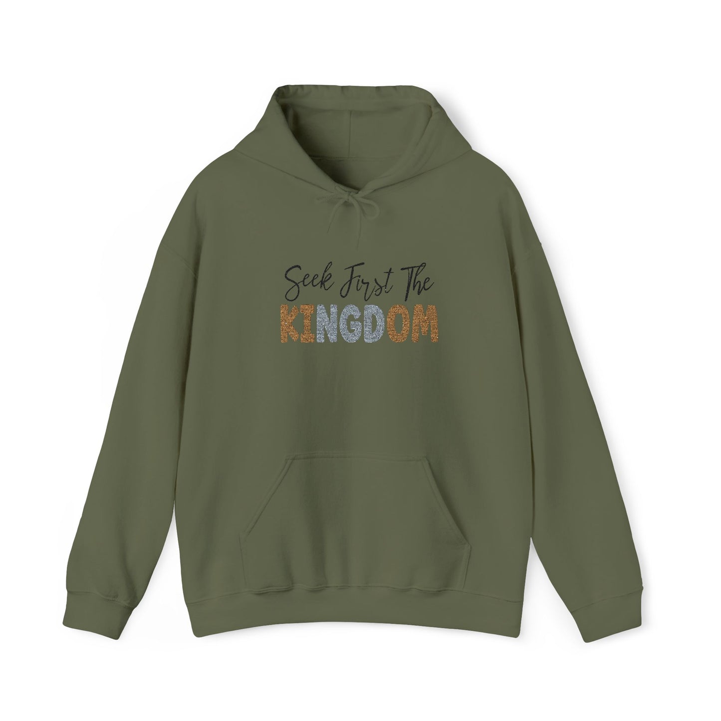 Green hoodie with text 'Seek First The KINGDOM' on a white background
