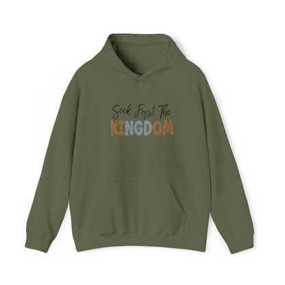 Green hoodie with text 'Seek First The KINGDOM' on a white background