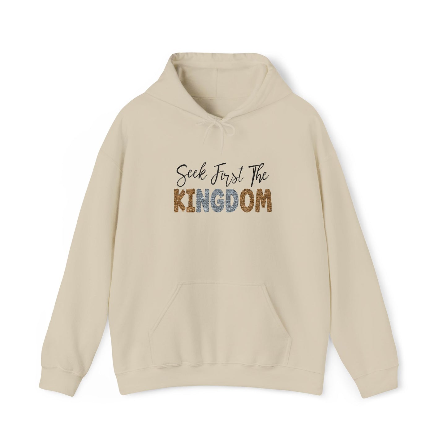 Beige hoodie with 'Seek First The KINGDOM' text on a white background